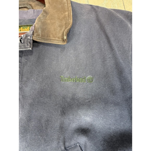 Vintage Timberland Chore Jacket Mens XL Blue Canvas Leather Collar 90s - Picture 3 of 16